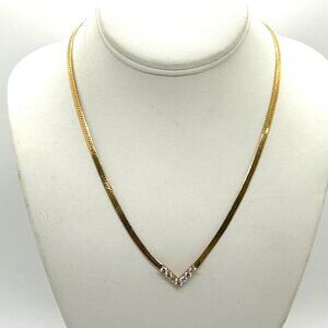 Vintage Gold-Tone V-Shaped Herringbone Necklace With Rhinestone Accents
